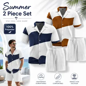Men’s 2-piece summer set: color-block short-sleeve shirt and shorts—lightweight, casual, comfortable, and soft. Casual set suitable for leisure, relaxation, travel, and beach vacations.