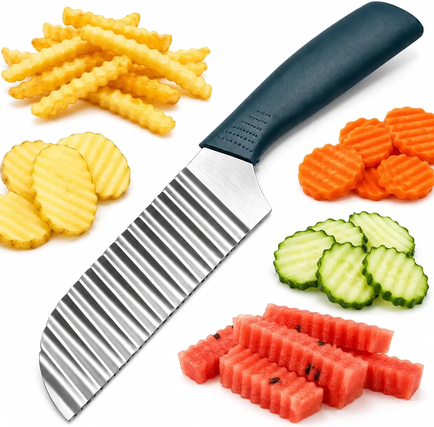 Crinkle Cut, Stainless Steel Wave Cutter | Ergonomic Handle, For Veggies, Potato, French Fry, For Cucumber, Carrot, Fruit, Wave Chopper