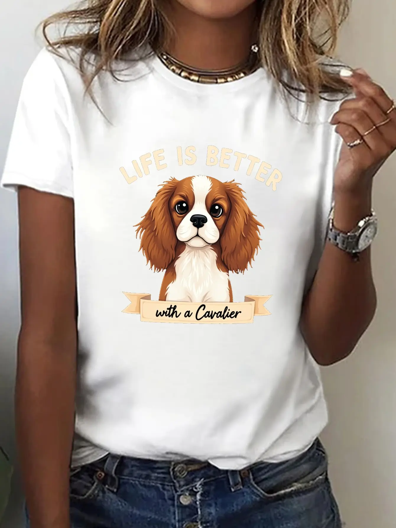 Women's Cavalier Spaniel Graphic T-Shirt - _Life I unisex soft cotton short sleeve t shirt, vintage graphic casual tee for men women teens, perfect birthday holiday gift for camping travel gym daily street  wear