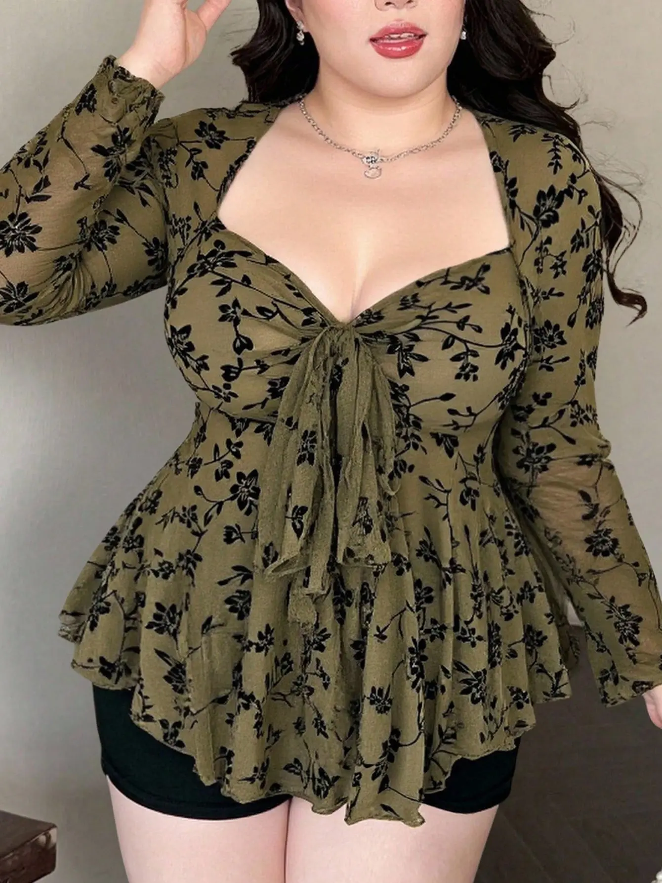 Vibekara Plus Size Women's Bowknot Ruched Mesh Velet Tunic, Party & Occasion Wear Fall Cloth For Women