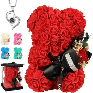 Valentines Day Gifts for Her Rose Bear Romantic Gifrs for Girlfriend, Valentines Bear Flower Bear Rose Teddy Bear Birthday Gifrs for Mom Wife Daughter, with Rose Bouquet and I Iove You Necklace(Red) K KYMAKE