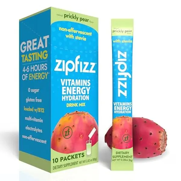 Zipfizz Stevia Electrolyte Energy Drink Powder 3-in-1 Prickly Pear 10 Pack | Non effervescent drink mix offers smooth energy without fizz - Vitamin B12 support Rapid Hydration & daily wellness