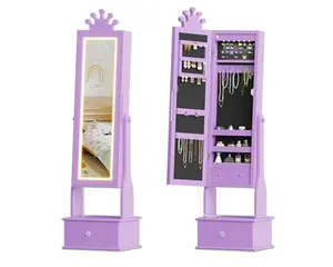 Kids Jewelry Armoire,Child Jewelry Cabinet with Led Light,Freestanding Jewelry Organizer with Full-Length Mirror,3 Storage Drawers,Kids Vanity Dress Up Mirror Cabinet for Girls（Purple）