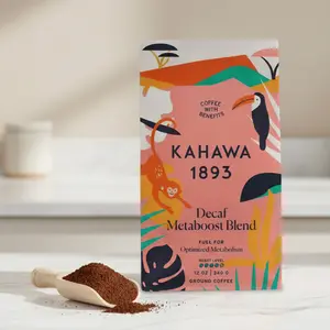 Kahawa 1893 Decaf Metaboost  - With Green Tea Extract & African Mango Seed Extract, As Seen on Shark Tank - Caffeine-Free Coffee With Benefits Ground Coffee Medium Dark Roast 12 Oz