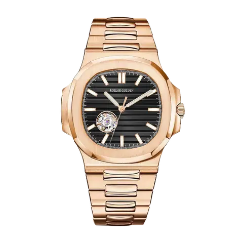 Golden Roller Men's 40mm Analog Mechanical Watch - Rose Gold Stainless Steel Band, Battery-Free, Elegant Dial, Business Casual Trendy Fashion Wristwatch, Male Accessory, Cool Adult Gift