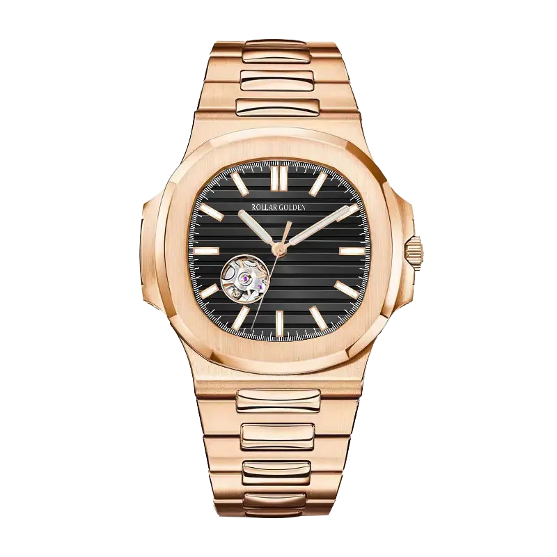 Rollar Golden Men's Mechanical Watch - Rose Gold Stainless Steel Band, Battery-Free, Elegant Design, Perfect Gift Choice