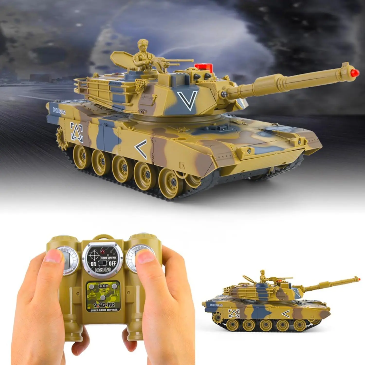 1/24 RTR RC US Army M1A2 Abrams Main Battle Tank, 2.4Ghz Infrared-Combat Demo-Play Electric Toy Tank, Smoke, Sound, Led Lights, Recoil, Desert Camo, Refill Bottle, Ideal Father’s Day, Valentine Day, Thanksgiving Gift (Kids/Adult Military Model)