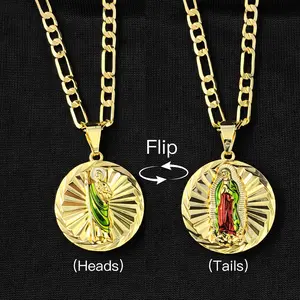 1Pcs San Judas & Virgin Mary Double Face Pendant 14k Gold-Plated 24"Inches Cuban Necklace Style Gold Plated One Chain One Pendant