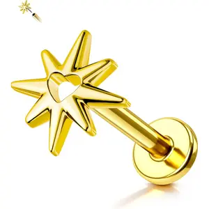 14K  Plated Flat  Cartilage Earring, 16G Eight-pointed  Titanium Helix Earring Threadless Push in, Tragus Helix   6/8MM