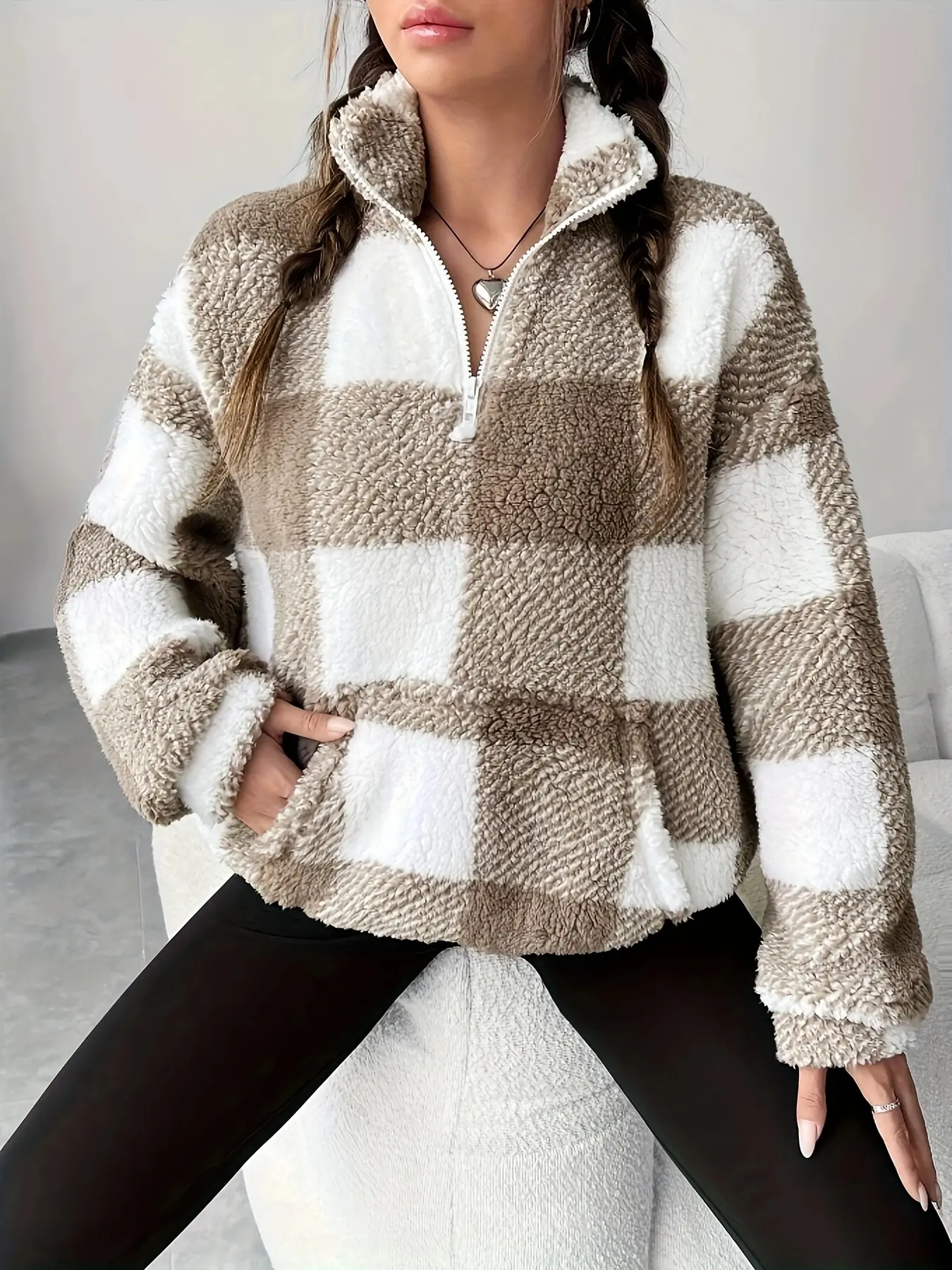 Autumn Winter New Thick Warm Plaid Fleece Loose Top, Fashion Casual Comfortable Long Sleeve Sweatshirt, Home Wear for Women, Casual Sweatshirt Tops