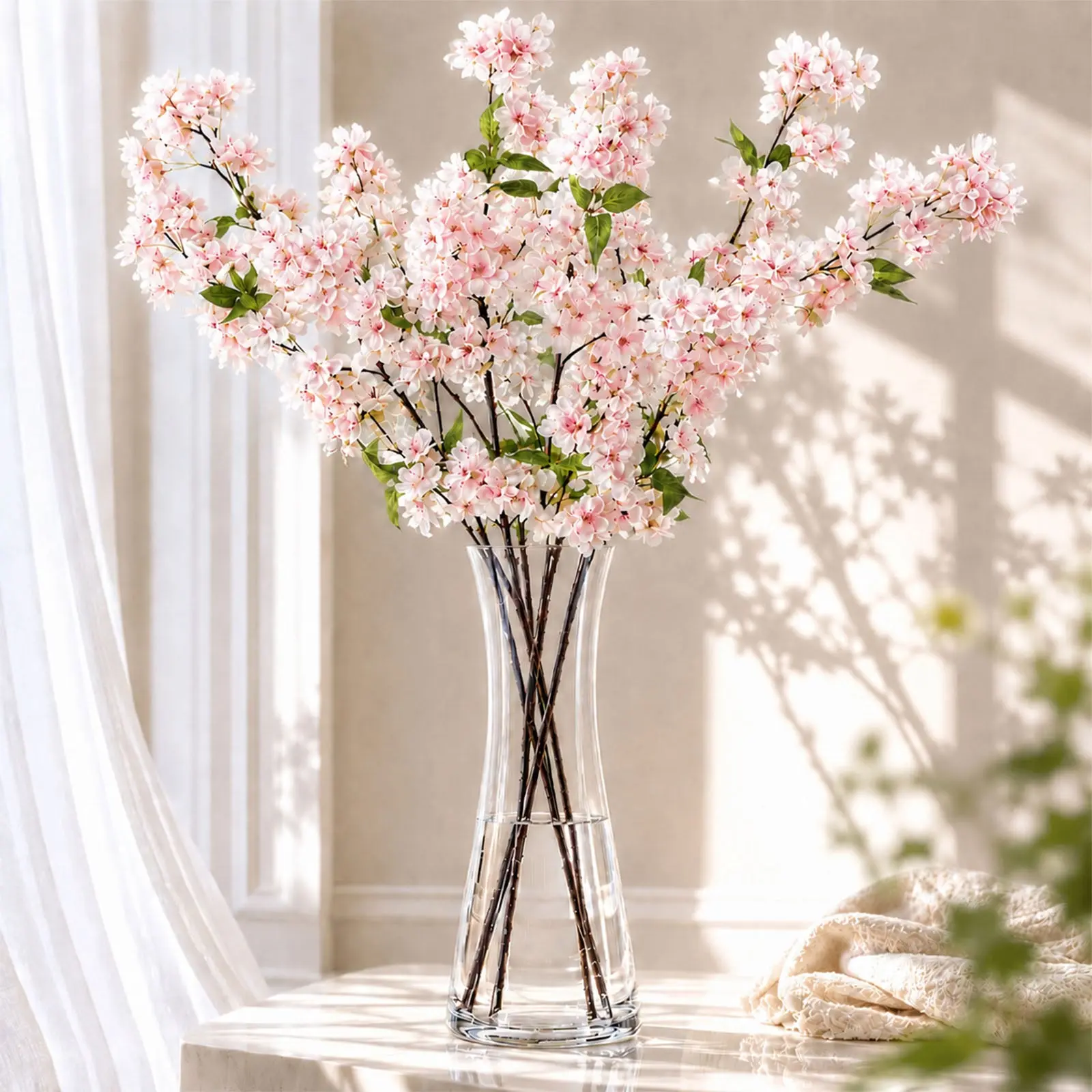 Blush Pink Artificial Silk Cherry Blossom Branches - 4 Stems, 40in Tall, Decorative Floral Decor for Indoor Home Holiday Decor, Best Photo Tool, 40" Tall