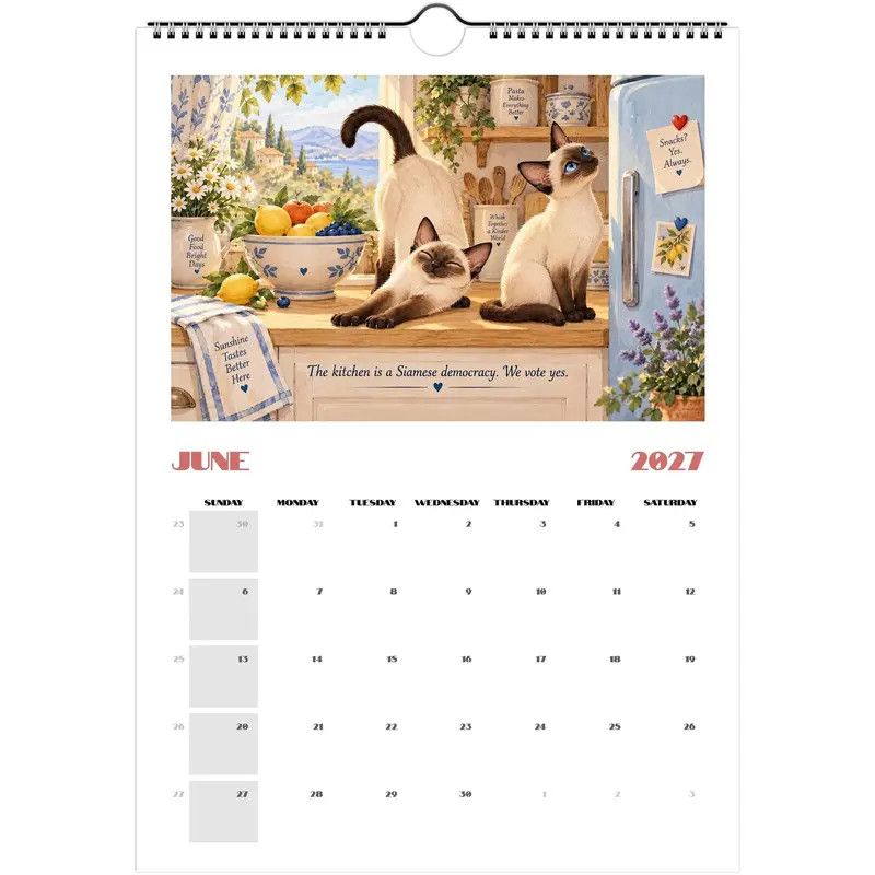 Siamese Cat Calendar 2027, Cute Cartoon Watercolor Wall Calendar ...
