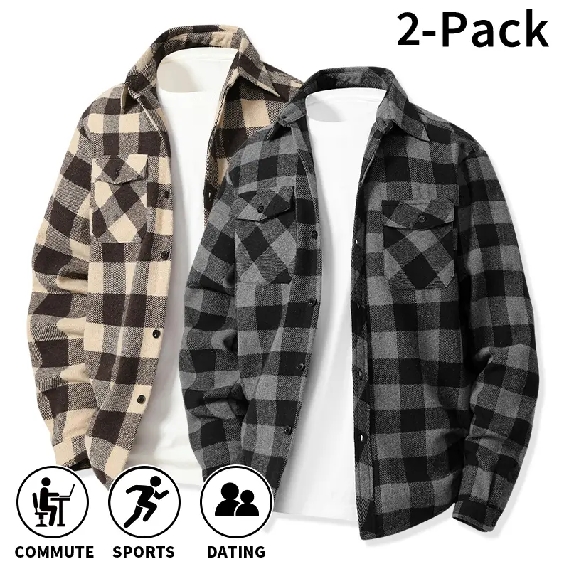 1 or 2 Pack Men's Soft Plaid Flannel Shirt, Long Sleeve Casual Button-Up Menswear Top with Double Chest Pockets