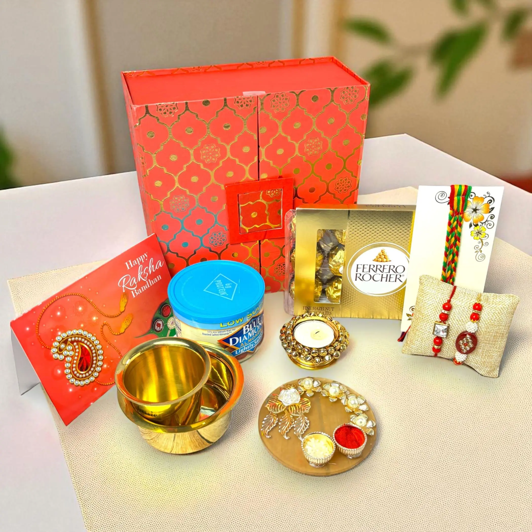 Elegant Rakhi Gift Hamper Set | Luxurious Rakhi & Pooja Plate | Celebrate Raksha Bandhan with Love & Protection | Sacred Gifts for Bhai & Bhabhi