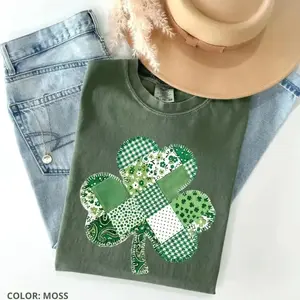 Shamrock Printed T-Shirt, Patchwork St Patrick’s Day Tee, Lucky Irish Graphic Shirt, Festive Holiday Top UYJ