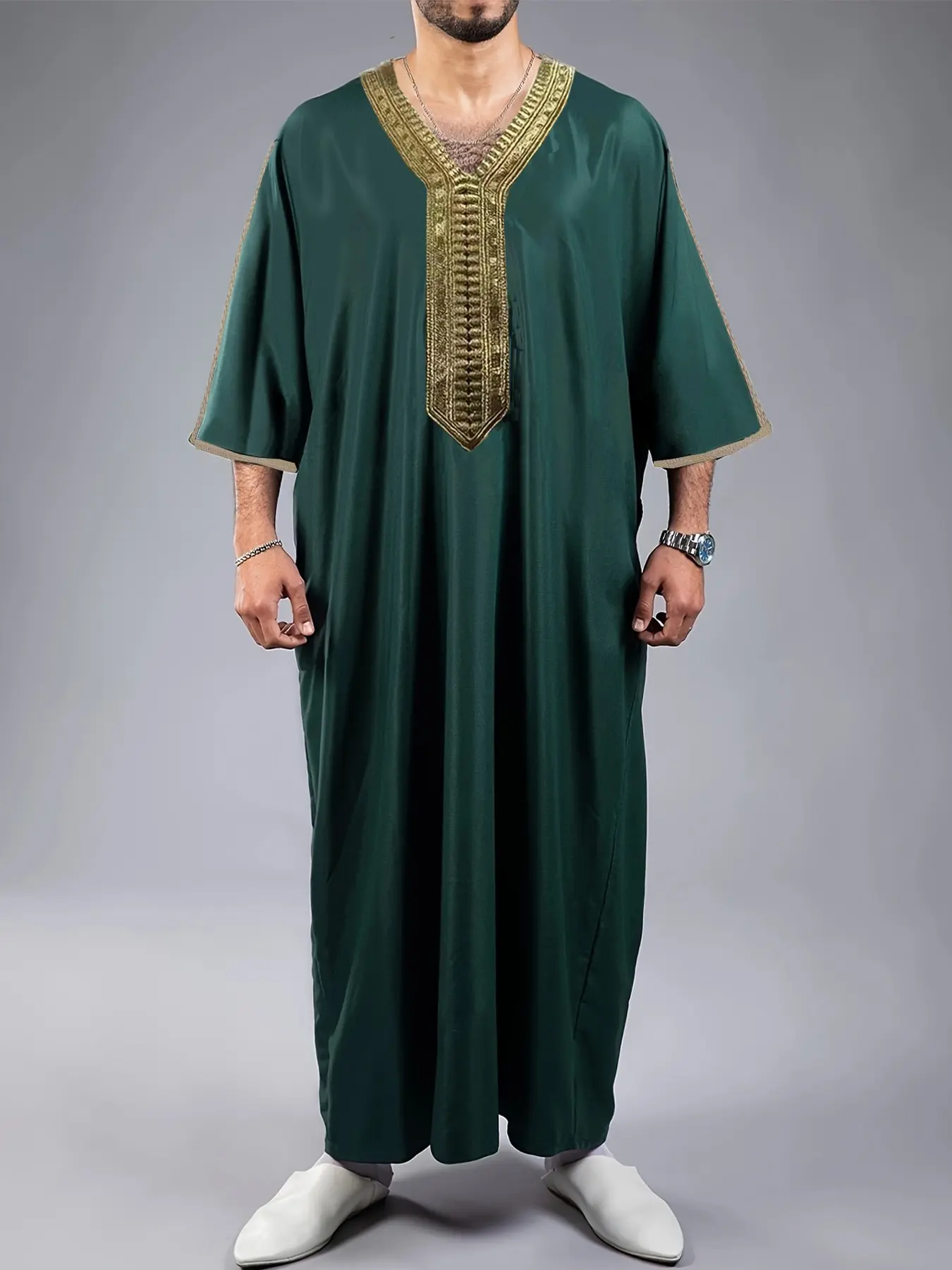 A long robe with golden trim, Modest Loose Fit Jubba Formal Traditional Arabic Muslim Robe A long robe with golden trim, Modest Loose Fit Jubba Formal Traditional Arabic Muslim Robe