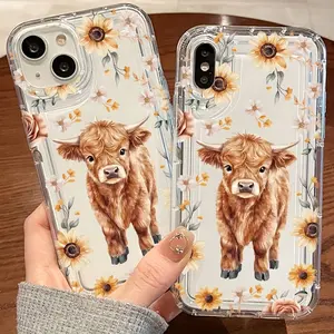 Sunflower Highland Cow Pattern Transparent Phone Case, Full Protection Shockproof Tpu Cover, Fits iPhone 11/12/13/14/15/16/17 Series, Gift for Boyfriend/girlfriend