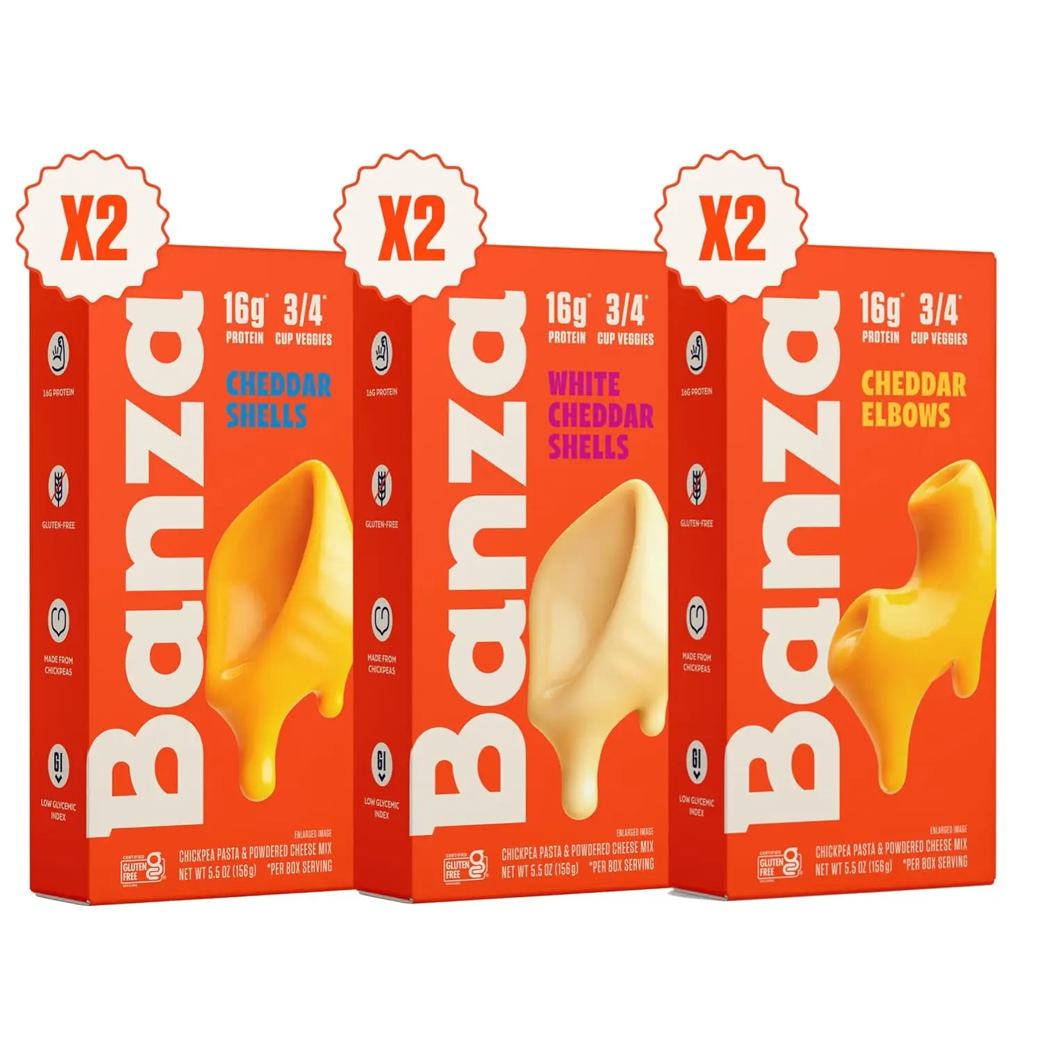 Banza Mac & Cheese Variety Pack, 6 Pack 5.5 oz Boxes, High Protein 18g, Gluten Free Chickpea Pasta, Lower Carb, Real Cheddar Cheese, Quick & Easy Family Meals