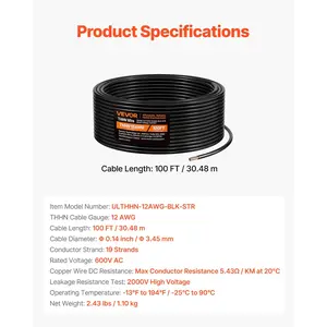 VEVOR 12 AWG THHN Wire, 19-Stranded, 100 OFC Copper Electrical Building Wire with Nylon Jacket, Rated for Up to 600 Volts, for Indoor Outdoor Use, Commercial, Industrial, Residential, Black (100 ft)