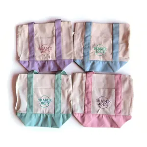 Trader Joe's Pastel Mini Canvas Tote Bags 2025 LIMITED EDITION NWT LOT OF 4 Embroidered Cotton--Single-sided without a zipper
