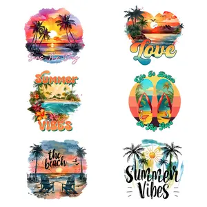 6pcs Beach Theme Heat Transfer Stickers, Washable Designs for DIY Clothing, T-Shirts, Masks, Jeans & Backpacks, Plastic Patches, Diy Flower Decor