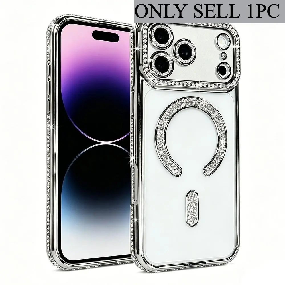 Magnetic Wireless Charging New Fashionable Shiny Diamond Transparent Shockproof Protective Smartphone Cellphone Case for iPhone 17 Air 11 12 13 14 15 16 Pro Max Plus 16E/SE4 Bumper Cover, Shockproof Protector Casing, Accessories