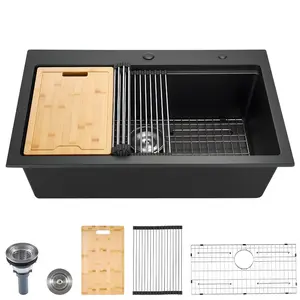 VEVOR 33 inch Kitchen Sink Workstation, Top Mount Granite Sinks, Drop-In Single Bowl Farmhouse Basin with Multiple Accessories, Household Dishwasher Sinks for RV, Prep Kitchen, and Bar (Black)VEVOR Super Brand Day