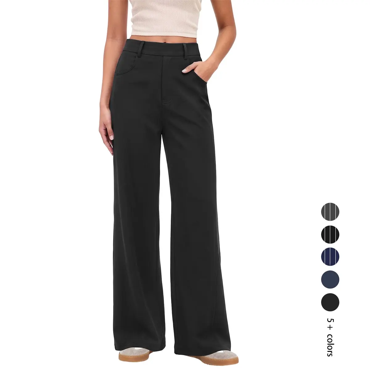 Women's High Waist Loose-Fit Pinstripe Slacks - Stretch Bottoms with Functional Pockets, Full Length, Comfy Office & Casual Sport Joggers