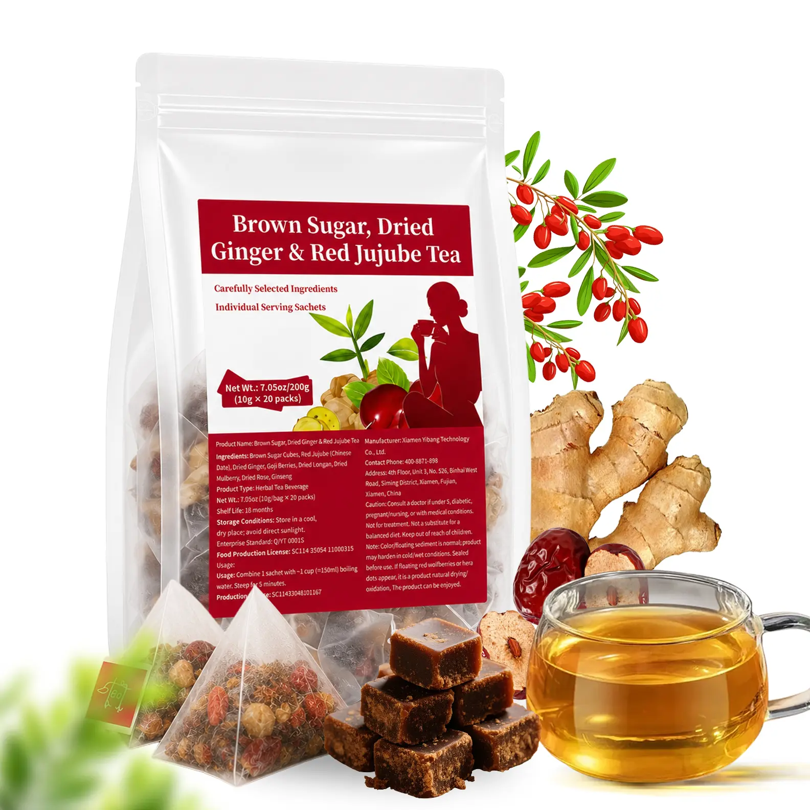 Handcrafted Brown Sugar Ginger Jujube Herbal Tea, Rich Original Flavor, Independent Portable Sachets, Ideal for Daily Home & Office Drinks