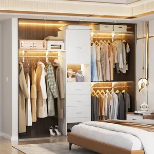 96'' Wooden Closet Organizer Clothes Rack with 2 Doors ＆ 3 Drawers ＆ 3 Shelves, Heavy Duty Closet System Wardrobe Garment Rack for Walk-in Closet