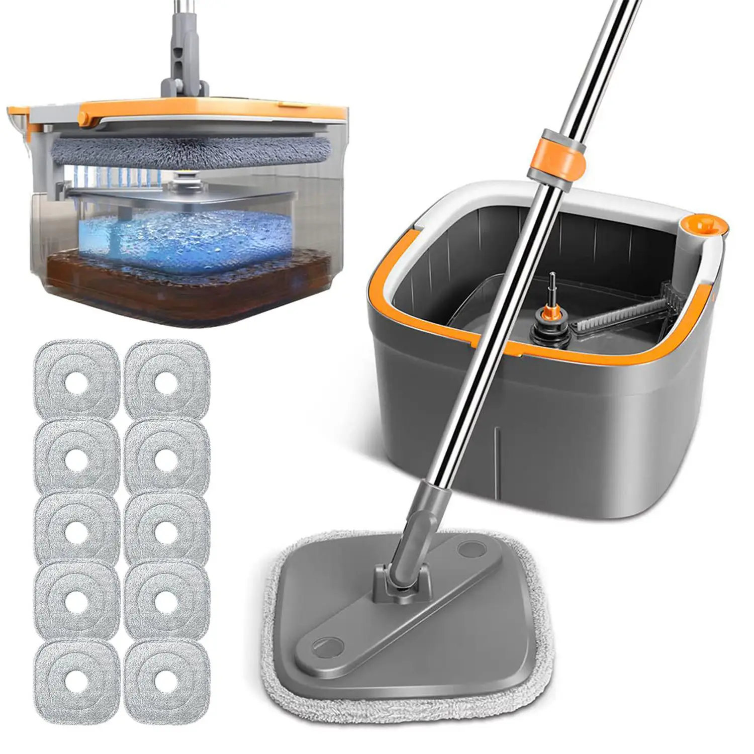 TikStar Spin Mop Bucket Set with Self-Separating Dirty & Clean Water System, Self-Drying 360° Spin Square Mop Head for Hardwood Tile Marble Floors, Cl