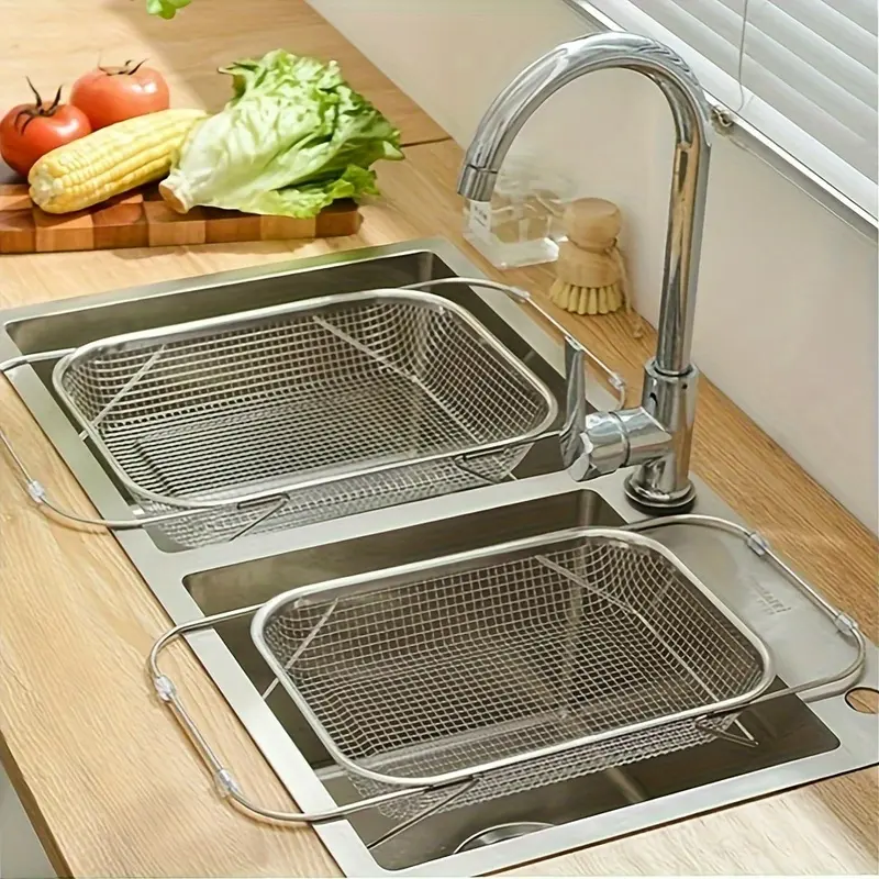 Expandable draining basket, multifunctional stainless steel filtering basket, quick-draining storage basket, effectively drains water and cleans tableware, vegetables, and fruits, adjustable sink rack, kitchen accessories, kitchen storage