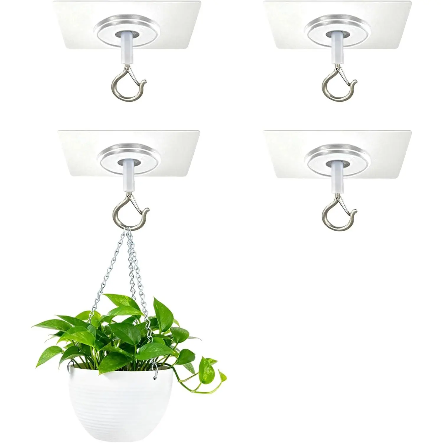 Heavy Duty Adhesive Ceiling Hooks (4) - No Drill, Waterproof, Removable Damage-Free Hangers for Decor, Organiser Use, Easy Installation; Hangable for Light Items, Plants