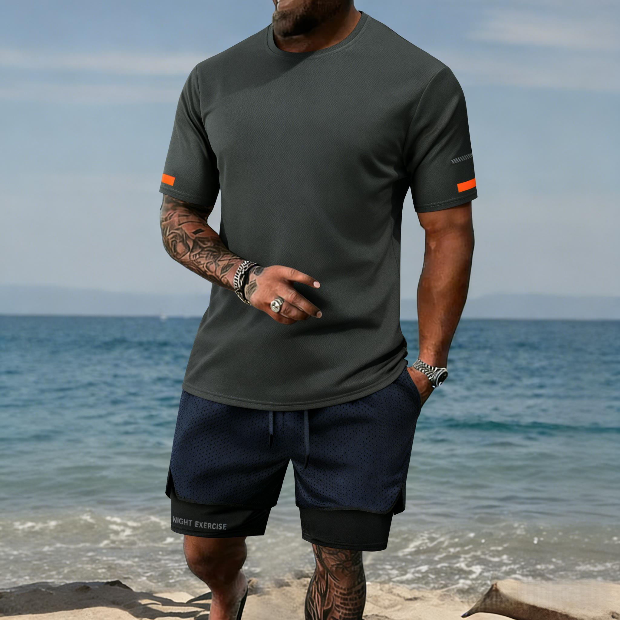 Men’s T-shirt and shorts set, regular fit, quick-drying, breathable, sweat-wicking; stylish sports-casual short-sleeve top and shorts combo—summer men’s apparel set.
