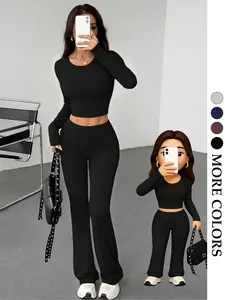 Round Neck Long Sleeve Short Top + High Waist Bell Pants Set, Women Slim Fit Casual Wear, Spring & Fall Fashion, Solid Color Tee, Womenswear