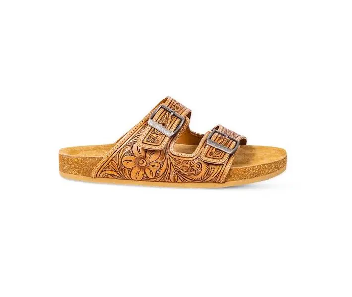 Myra Darla Tooled Cherry Blossom Floral Leather Buckle Sandals