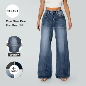 CANANA Women's Plus Size High-Waisted Stretch Wide Leg Flared Baggy Denim Jeans Dark Wash '90s Retro Style Casual Trousers with Zipper Comfortable for Office & Streetwear SH25F12 #TikTokShopSpringGlowUp