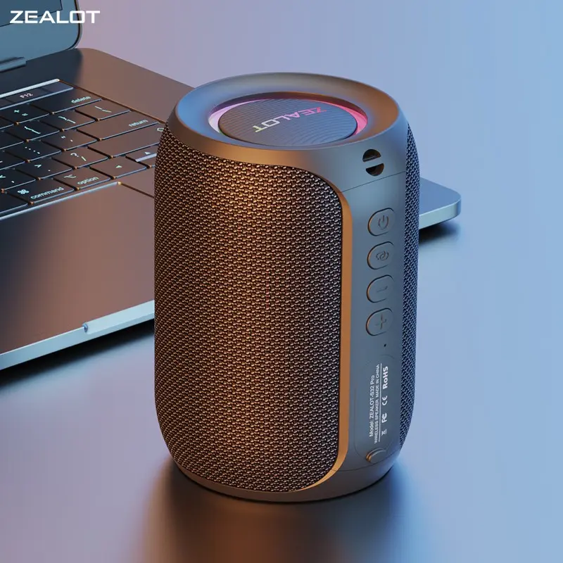 Zealot Wireless Portable Bluetooth-compatible Speaker, Outdoor Waterproof Bass Sound, 15w HiFi Effect, RGB Light, Supports TF Card USB Aux, Multifunctional Portable Speaker