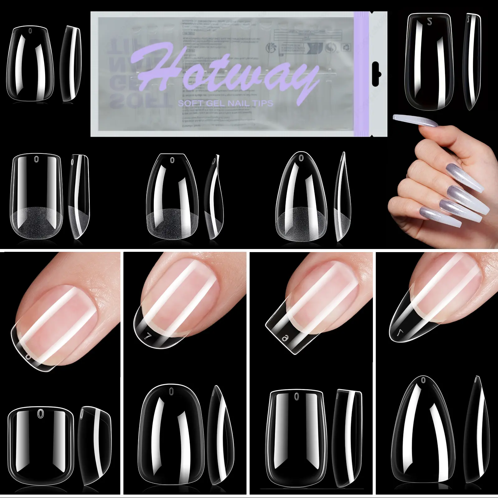 192 pieces of transparent acrylic fake nails, almond oval coffin square, suitable for nail art and home DIY nail making products