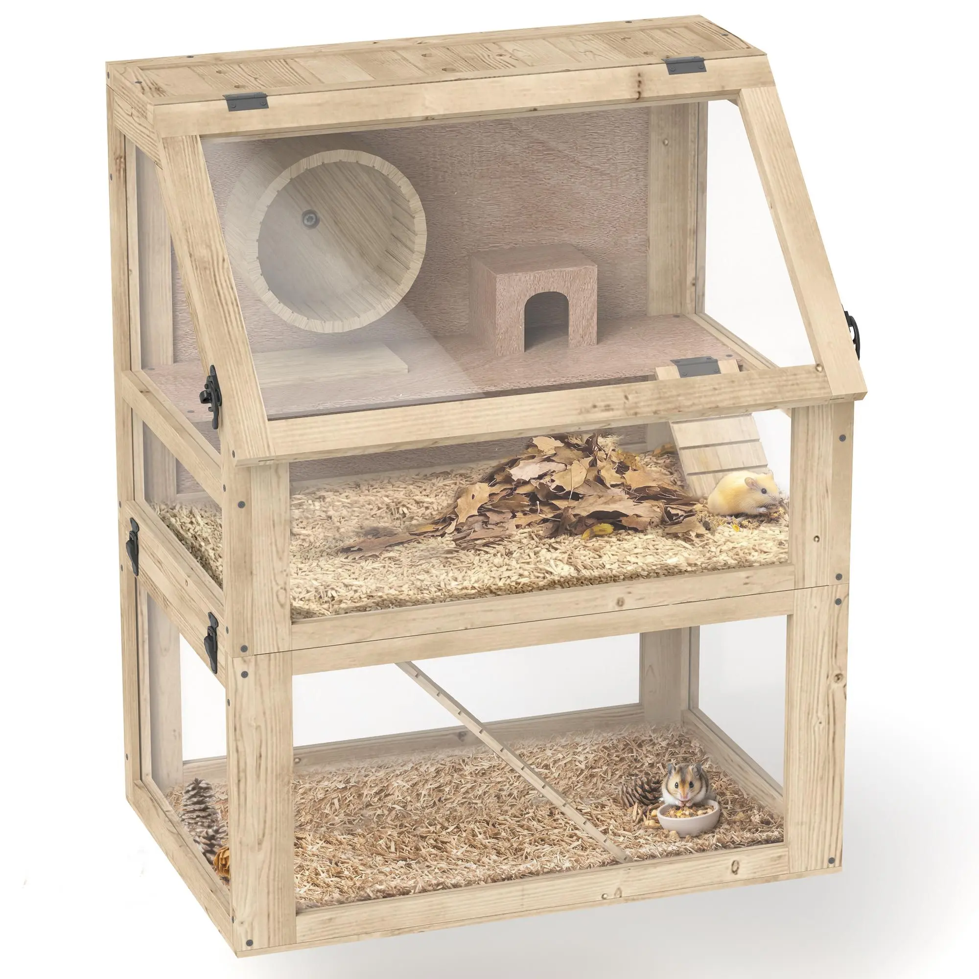 3-Tier Wooden Hamster Cage – 12.6" Deep Bottom, Seesaw, Wheel, Hut & Ramps. Detachable Layers, Acrylic Panels. 24" x 16" x 29.5"
