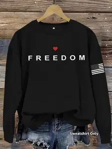 Women's Casual Graphic Long Sleeve Pullover Sweatshirt Crewneck, Round Neck, American Flag Print, Fitted Knit Fabric, All Seasons Comfort