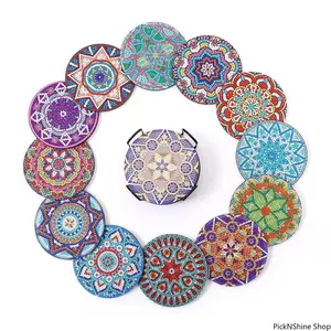 Mandala Pattern DIY Diamond Painting Coasters With Lids And Stands, Wooden Crystal Art Coasters For Adults, Decorative Table Mats For Home Office, Handmade Craft Supplies For Daily Use And Gifting