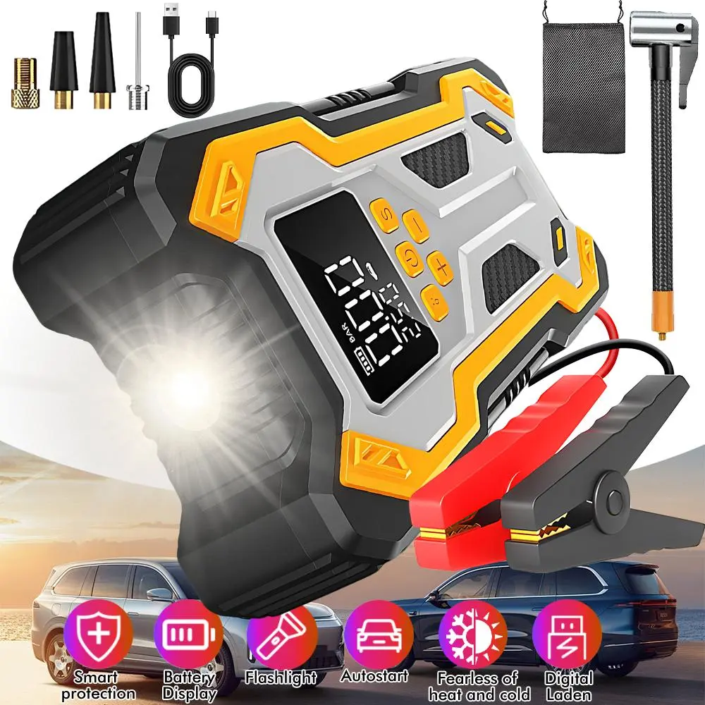 【DealsForYou】Compact Car Battery Jump Starter & Air Pump Combo, 150PSI Portable Tire Inflator Charger, 12V Booster Pack for All Gas/12L Diesel Engines, Bike & Ball Inflator with Bright LED