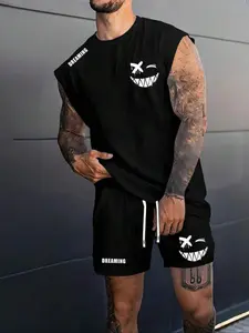 Men's Letter Print Tee & Drawstring Waist Shorts Set, Regular Fit Casual Crew Neck Short Sleeve T-shirt & Track Shorts, Men's Summer Clothes, Menswear