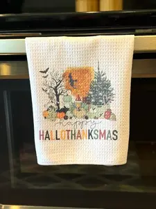 Happy Hallothanksmas Towel | Halloween Kitchen Décor | Halloween kitchen Towels | Fall Towels | Fall Kitchen Towels | Christmas Towels | Thanksgiving Towels  | Thanksgiving Kitchen Decor | Christmas Kitchen Towels