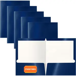 2 Pocket Glossy Laminated Navy Blue Paper Folders, Box of 25, Letter Size, Dark Blue Paper Portfolios 25 Pack