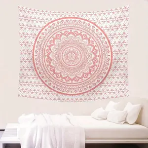 1pc Bohemian Pink Mandala Wall Hanging Tapestry - Indian Psychedelic Polyester Fabric, Indoor Decor for Bedroom, No Electricity or Battery Required