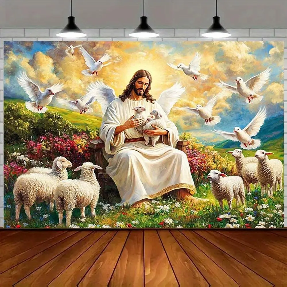 1pc Heavenly Scene Polyester Tapestry - Floral Print, Summervibes, Doves, Sheep, Lightweight, No Electricity Needed - Wall Decoration for Religious Events, Home & Festive Wall Hanging, Synthetic