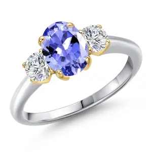 Gem Stone King 10K Two Tone Gold Blue Tanzanite and Lab Grown Diamond 3-Stone Engagement Ring For Women | 1.70 Cttw | Oval 8X6MM | Gemstone December Birthstone