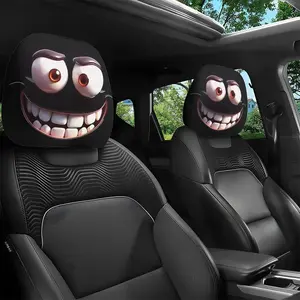 2pcs Set of Funny Big-Eyed Grinning Cartoon Print Car Seat Headrest Covers, Car Interior Decor, Car Interior Accessory, Universal Fit for Long Road Trips & Daily Commutes – Perfect for Halloween/Christmas Holiday Decor